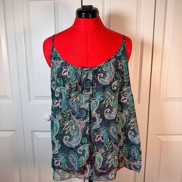 RD Style Paisley Tank Top Size Extra Large Blue Green Metallic Chiffon Cami