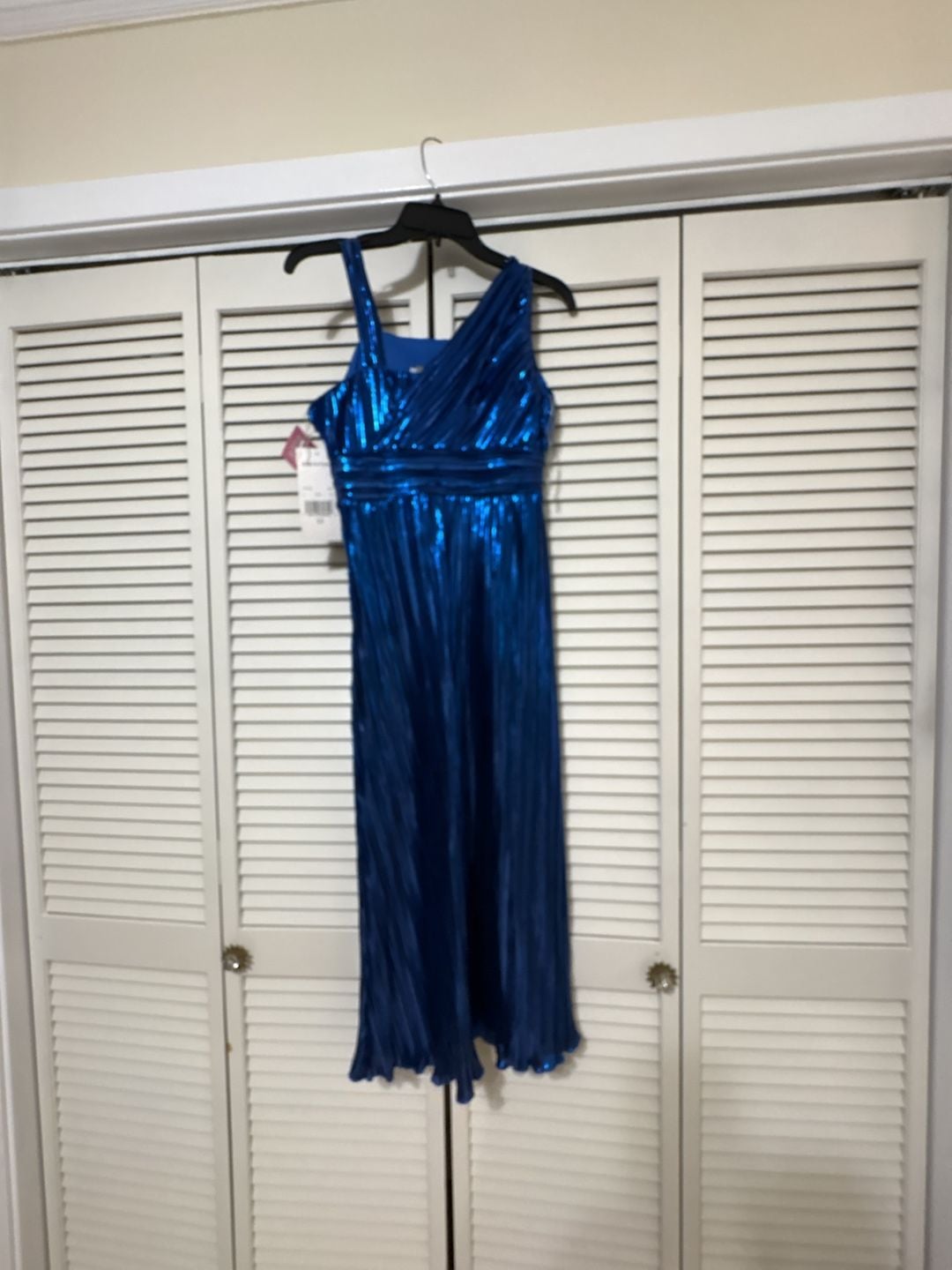 Rare Editions Dress Size 12 Blue Metallic Pleated Formal 5