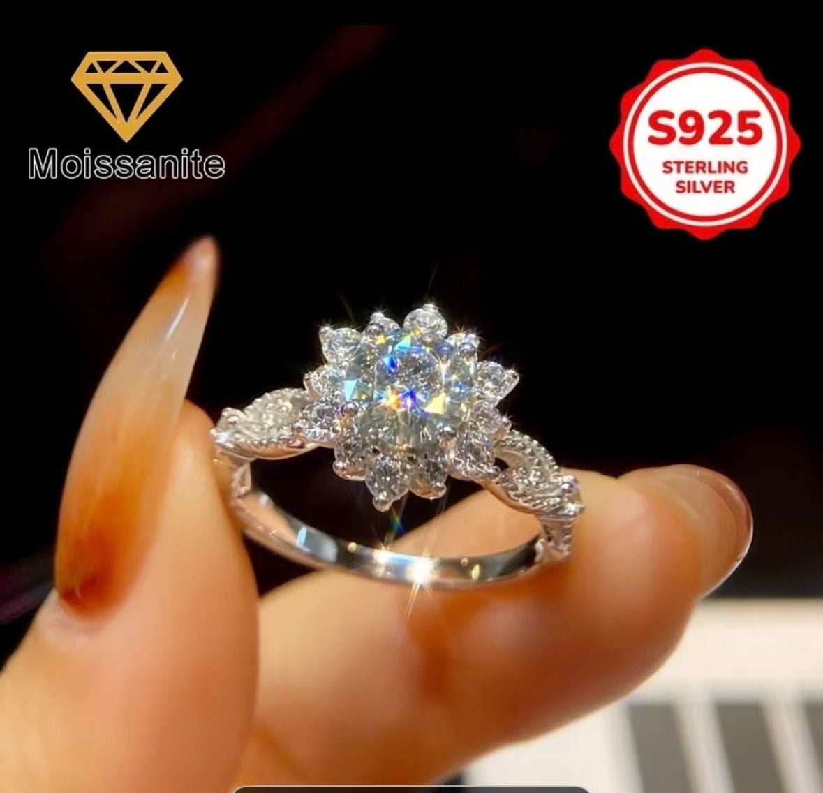 Moissanite Diamond S925 Sterling Silver Sunflower Cluster Ring 1