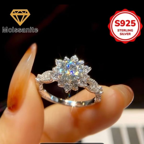 Moissanite Diamond S925 Sterling Silver Sunflower Cluster Ring
