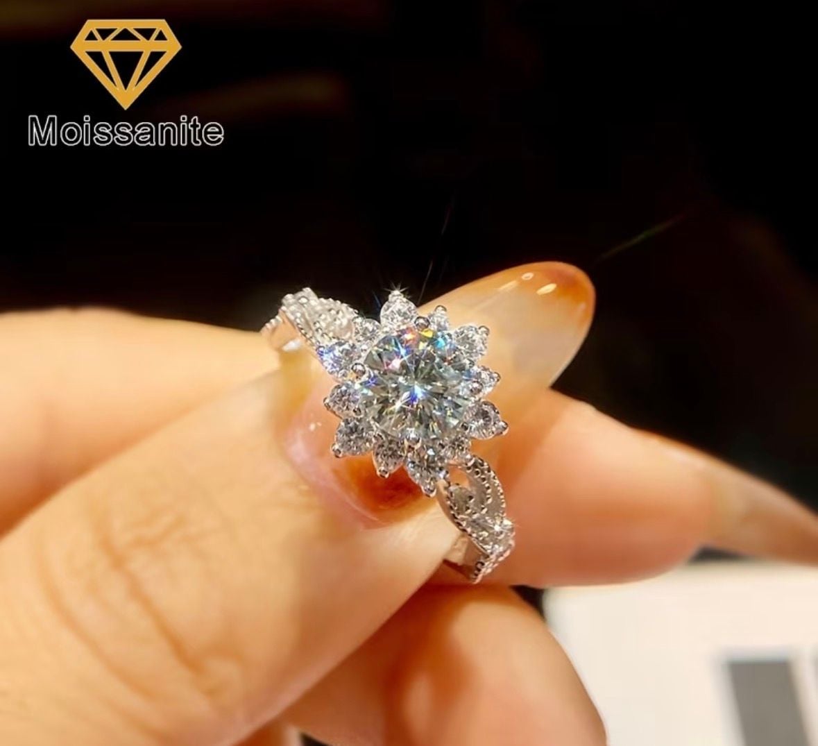 Moissanite Diamond S925 Sterling Silver Sunflower Cluster Ring 3