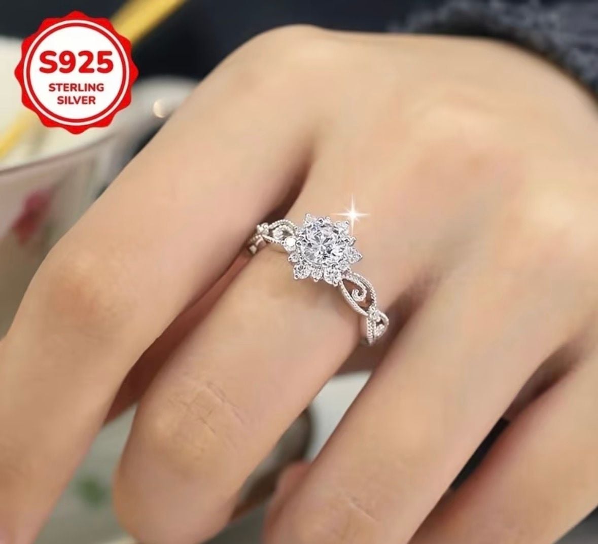 Moissanite Diamond S925 Sterling Silver Sunflower Cluster Ring 4