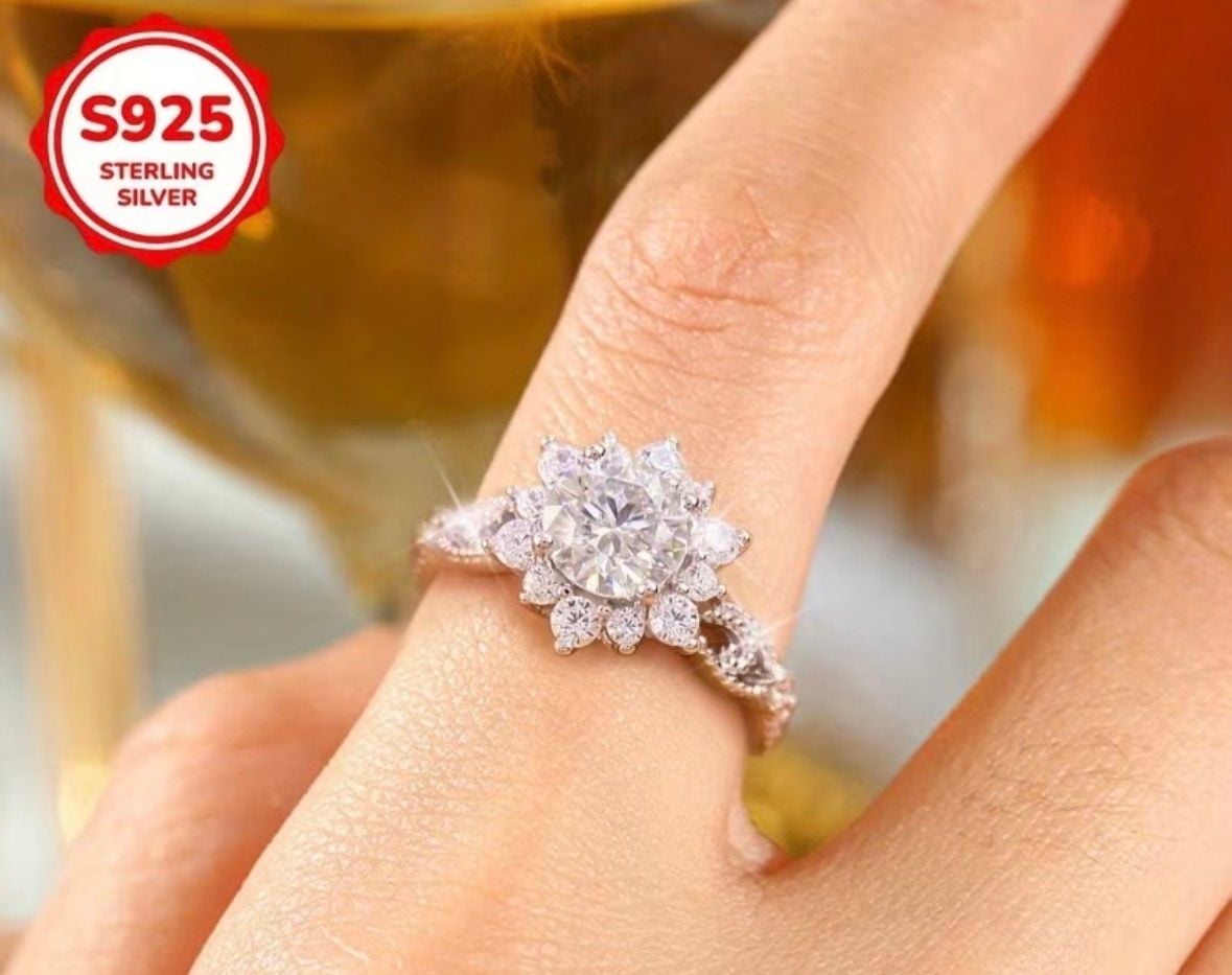 Moissanite Diamond S925 Sterling Silver Sunflower Cluster Ring 5