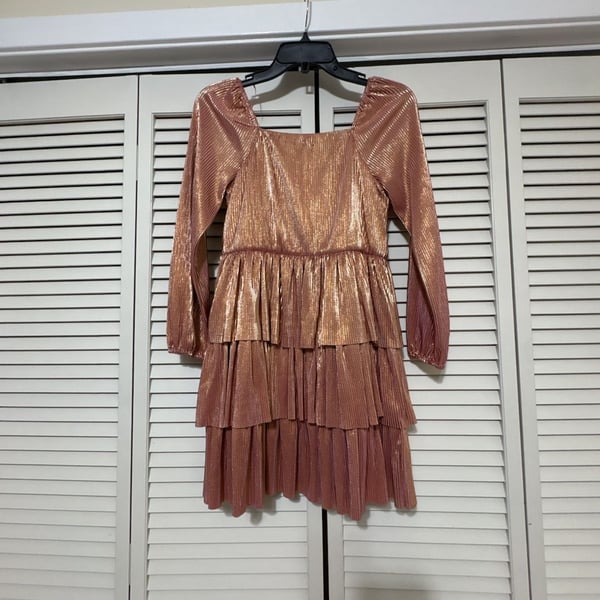 GB Girls Metallic Tiered Dress Size 12 Rose Copper Long Sleeve Plisse