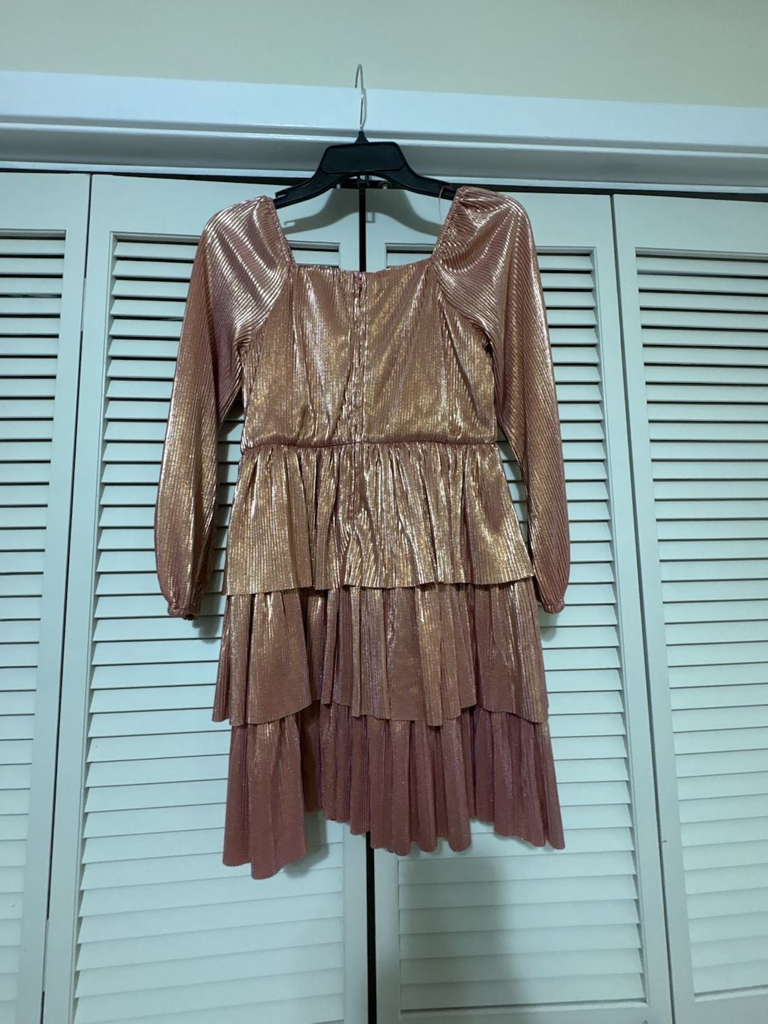 GB Girls Metallic Tiered Dress Size 12 Rose Copper Long Sleeve Plisse 3