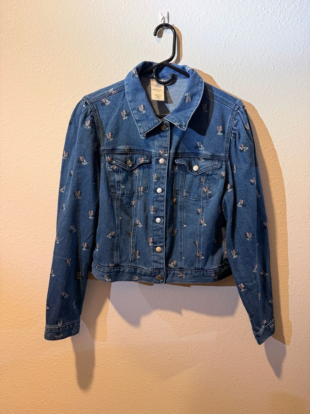 Disney Minnie Mouse Denim Jacket Size L Blue Cropped Puff Sleeve 1