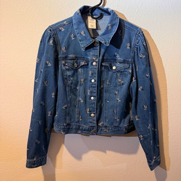 Disney Minnie Mouse Denim Jacket Size L Blue Cropped Puff Sleeve