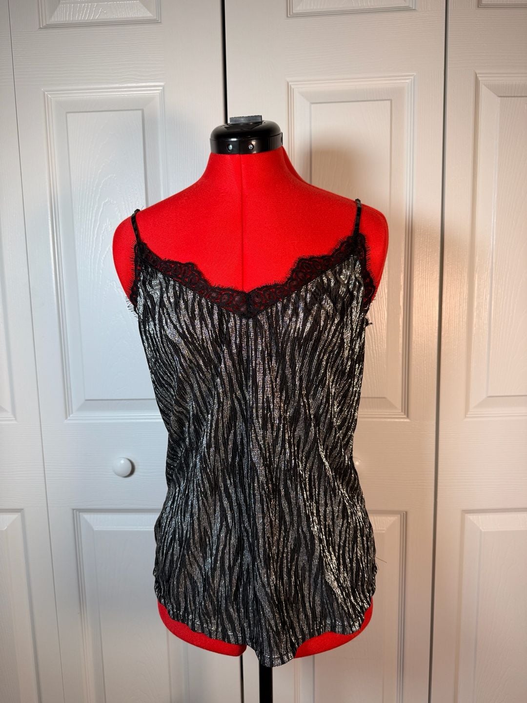 Divided H&M Metallic Cami Size 12 Black Silver Lace Trim 2