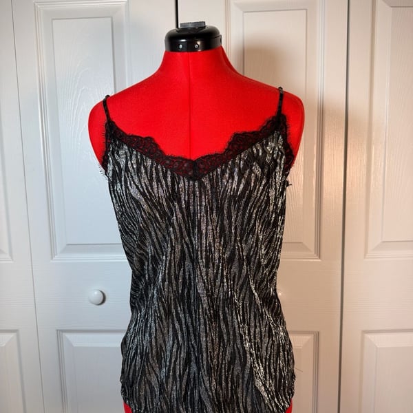 Divided H&M Metallic Cami Size 12 Black Silver Lace Trim