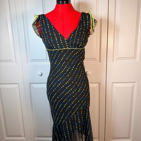 Byer Too! Dress Size 5 Black Polka Dot Y2K V-Neck Mesh Midi