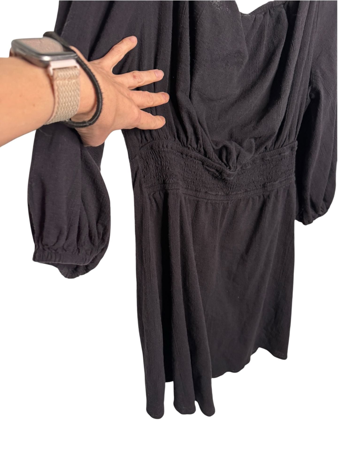 Free People Port Sunlight Mini Dress Black Smocked Size L 7