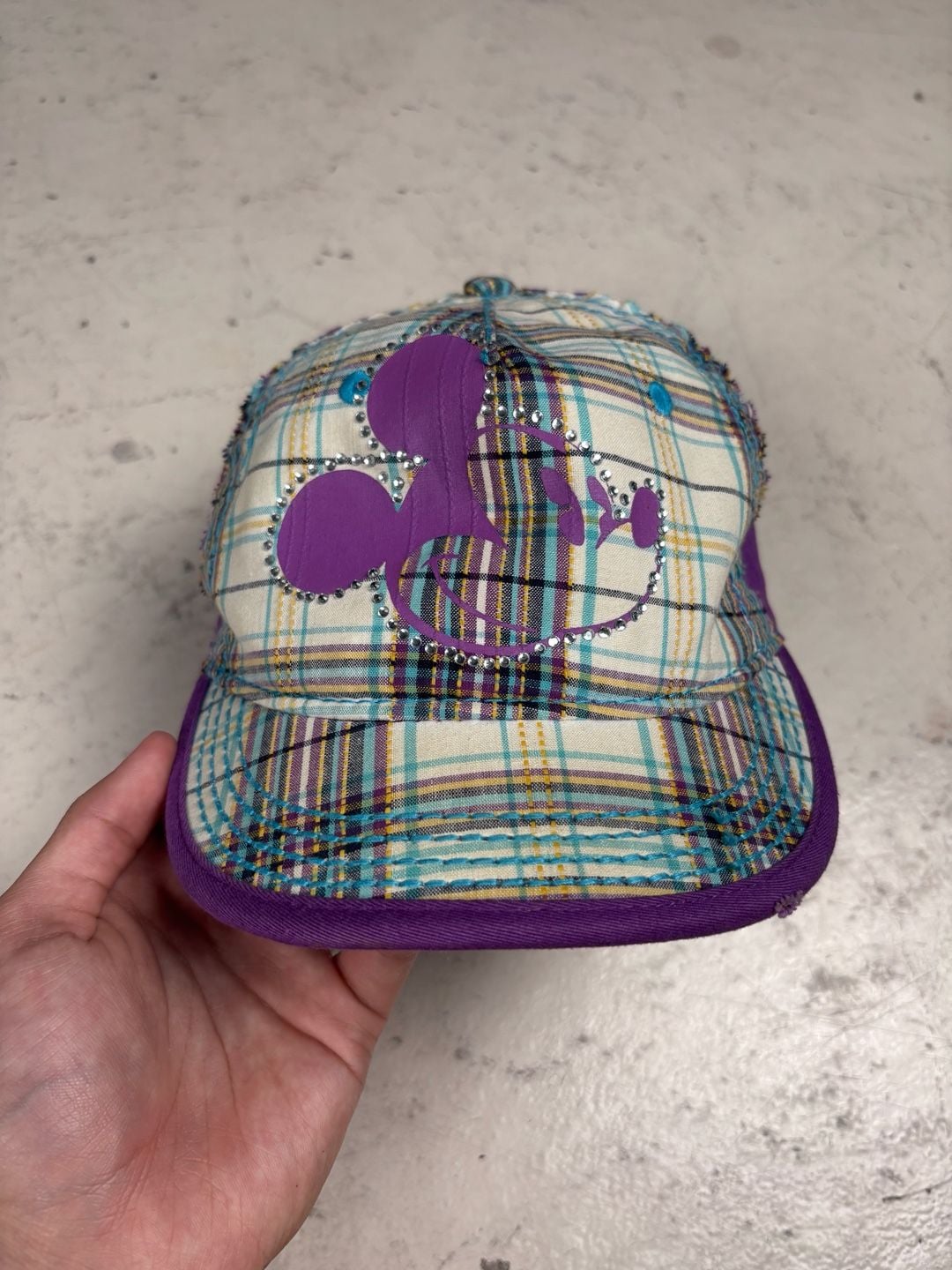 Disney Parks Mickey Mouse Baseball Cap OSFA Purple Plaid Rhinestones 2
