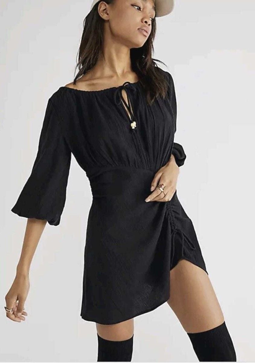 Free People Port Sunlight Mini Dress Black Smocked Size L 2