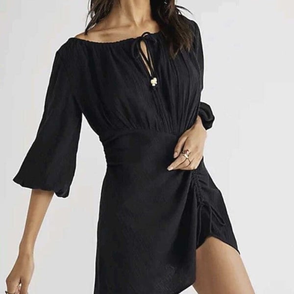 Free People Port Sunlight Mini Dress Black Smocked Size L