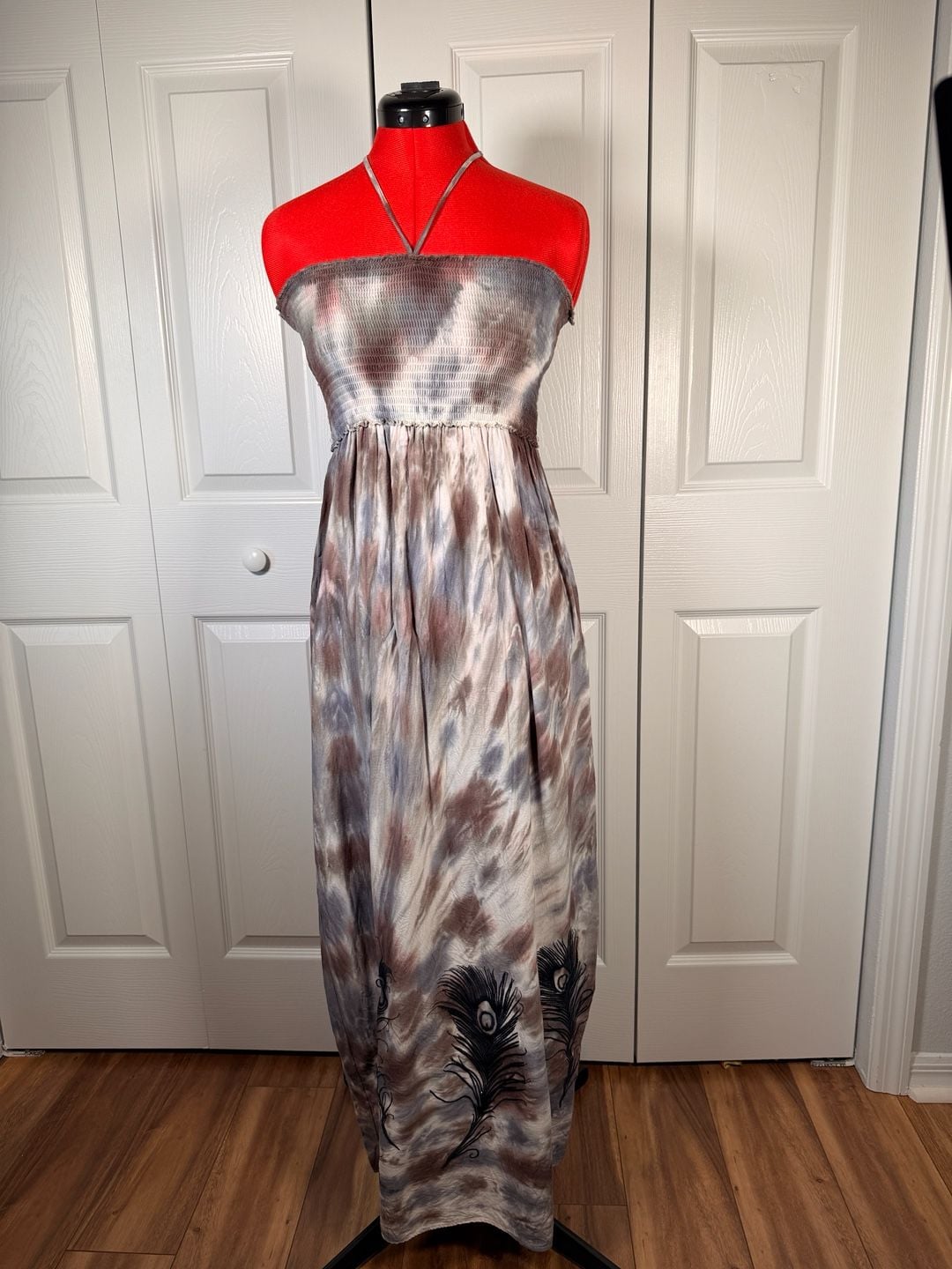 Tie Dye Halter Maxi Dress Smocked Peacock Feather Beach Cover Up 2