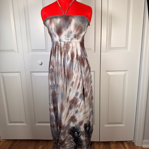 Tie Dye Halter Maxi Dress Smocked Peacock Feather Beach Cover Up