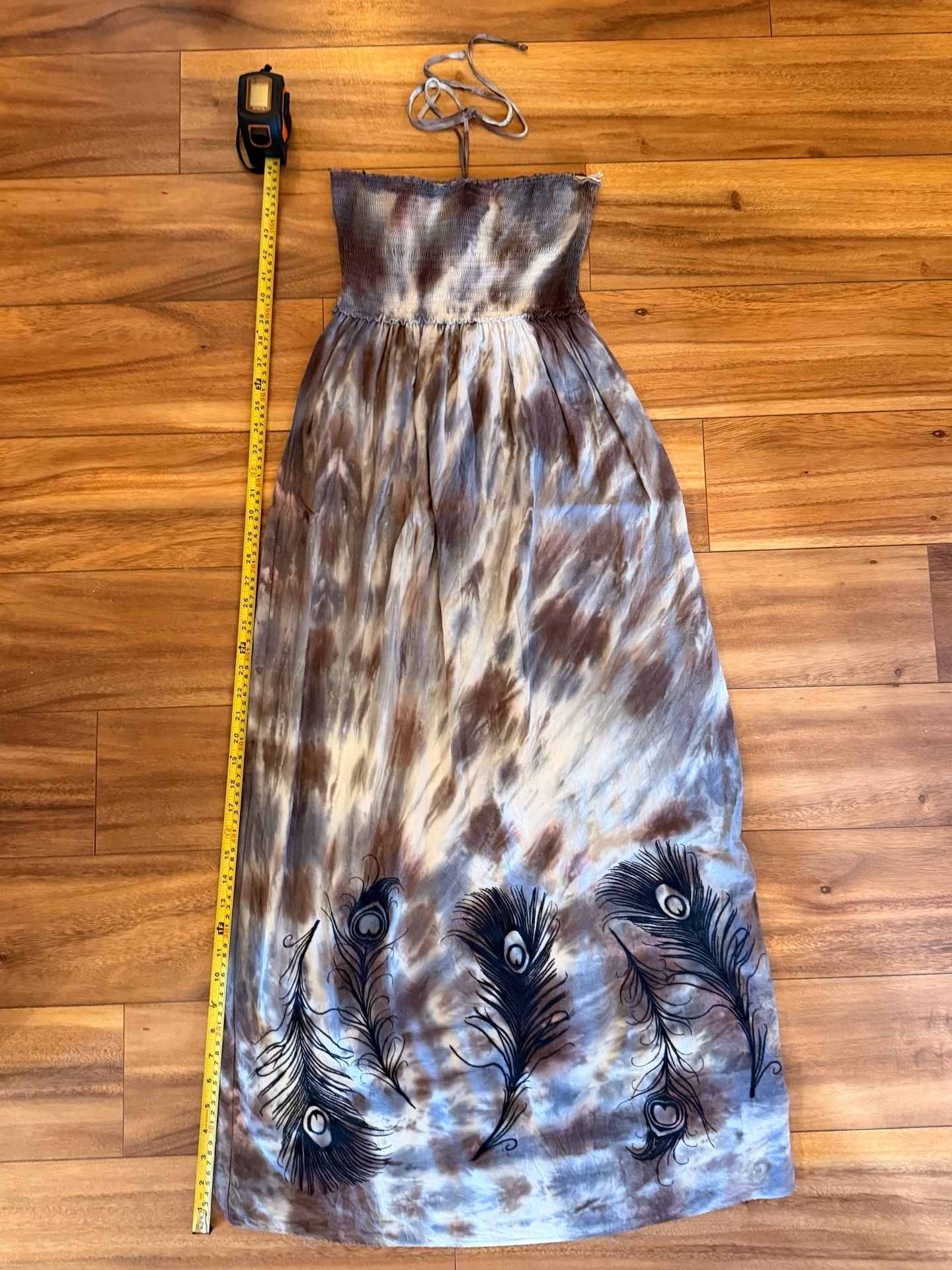 Tie Dye Halter Maxi Dress Smocked Peacock Feather Beach Cover Up 4