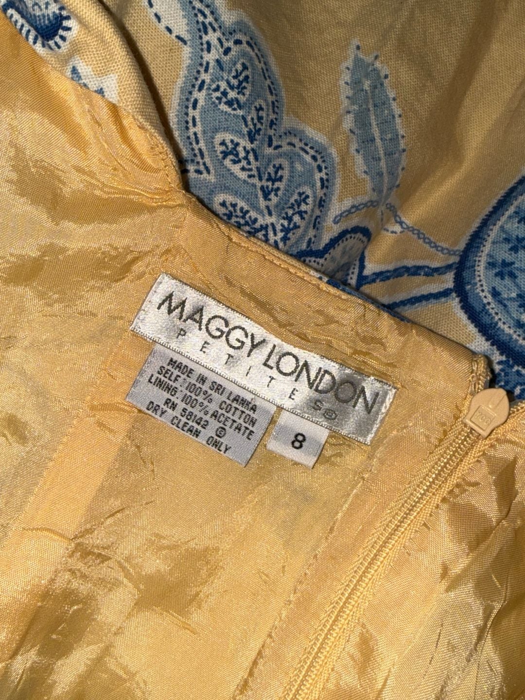 Vintage Maggy London Dress Size 8 Yellow Blue Floral Beaded Cotton Sheath 7