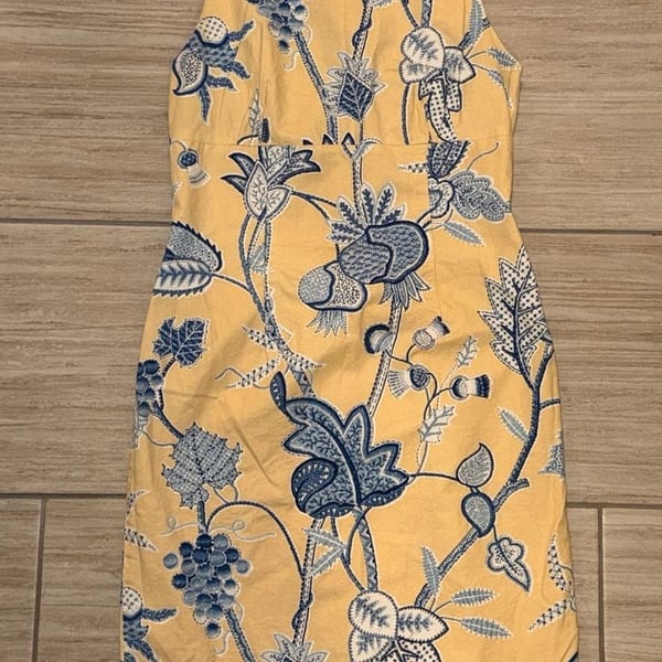 Vintage Maggy London Dress Size 8 Yellow Blue Floral Beaded Cotton Sheath