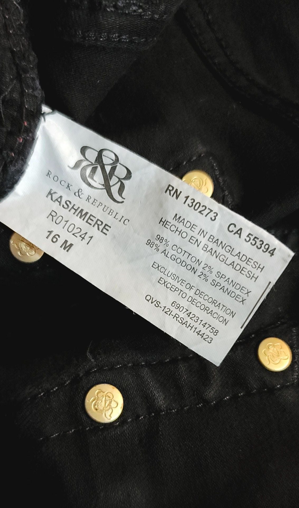 Rock & Republic Kashmere Jeans Size 16 M Black Cotton Spandex 6