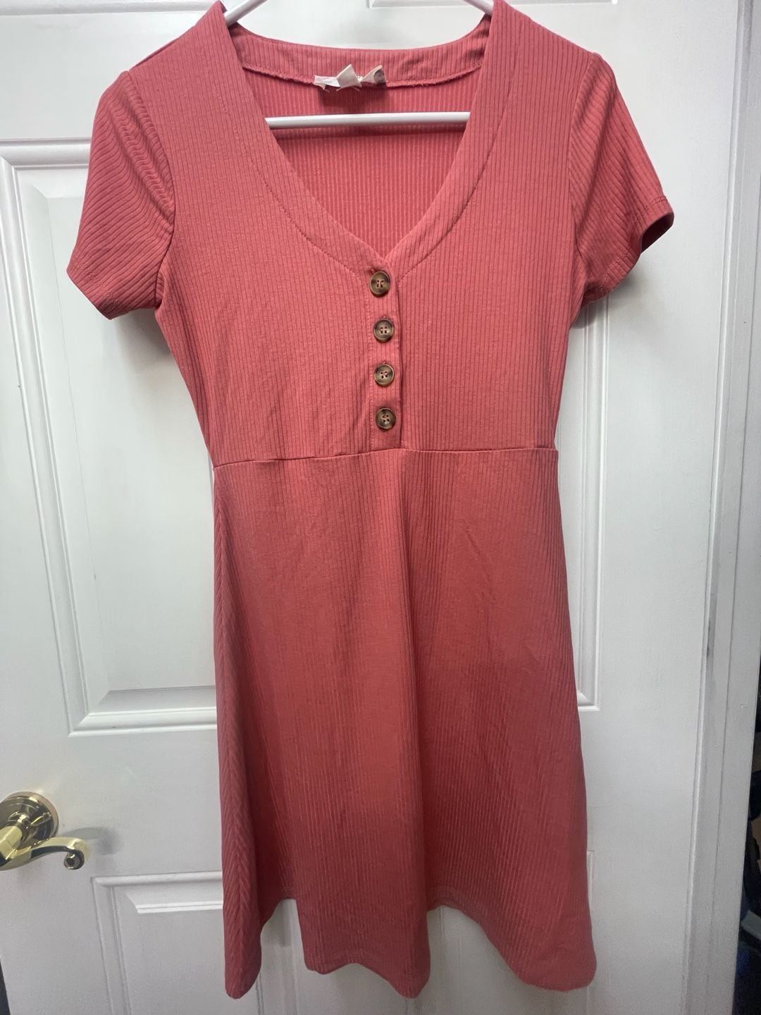Pink Rose Ribbed Button Dress Coral Pink 2