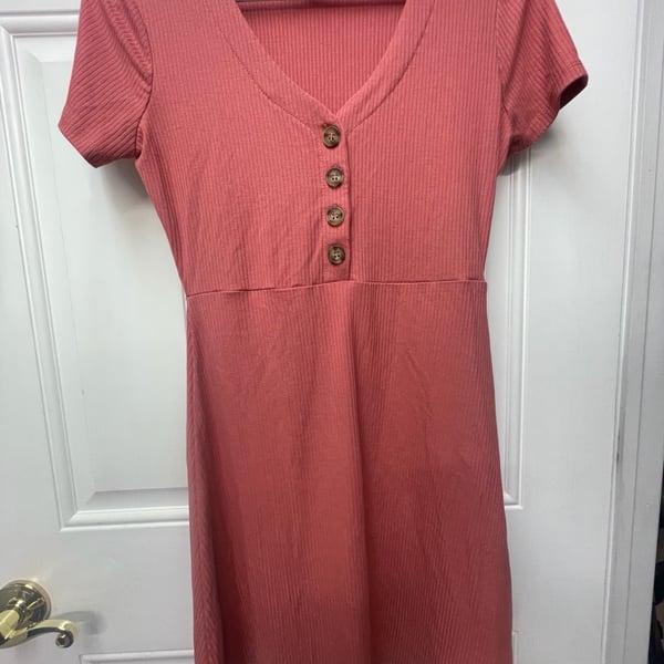 Pink Rose Ribbed Button Dress Coral Pink