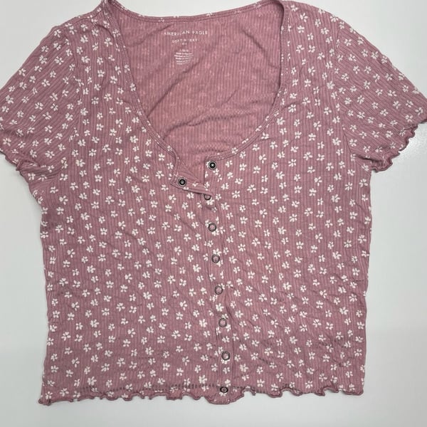 American Eagle Soft & Sexy Rib Snap-Front Top Size L Pink Floral