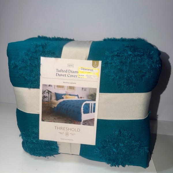 NEW 3/pc Threshold KING Tufted Diamond Duvet Cover & Sham Set - Dark Teal
