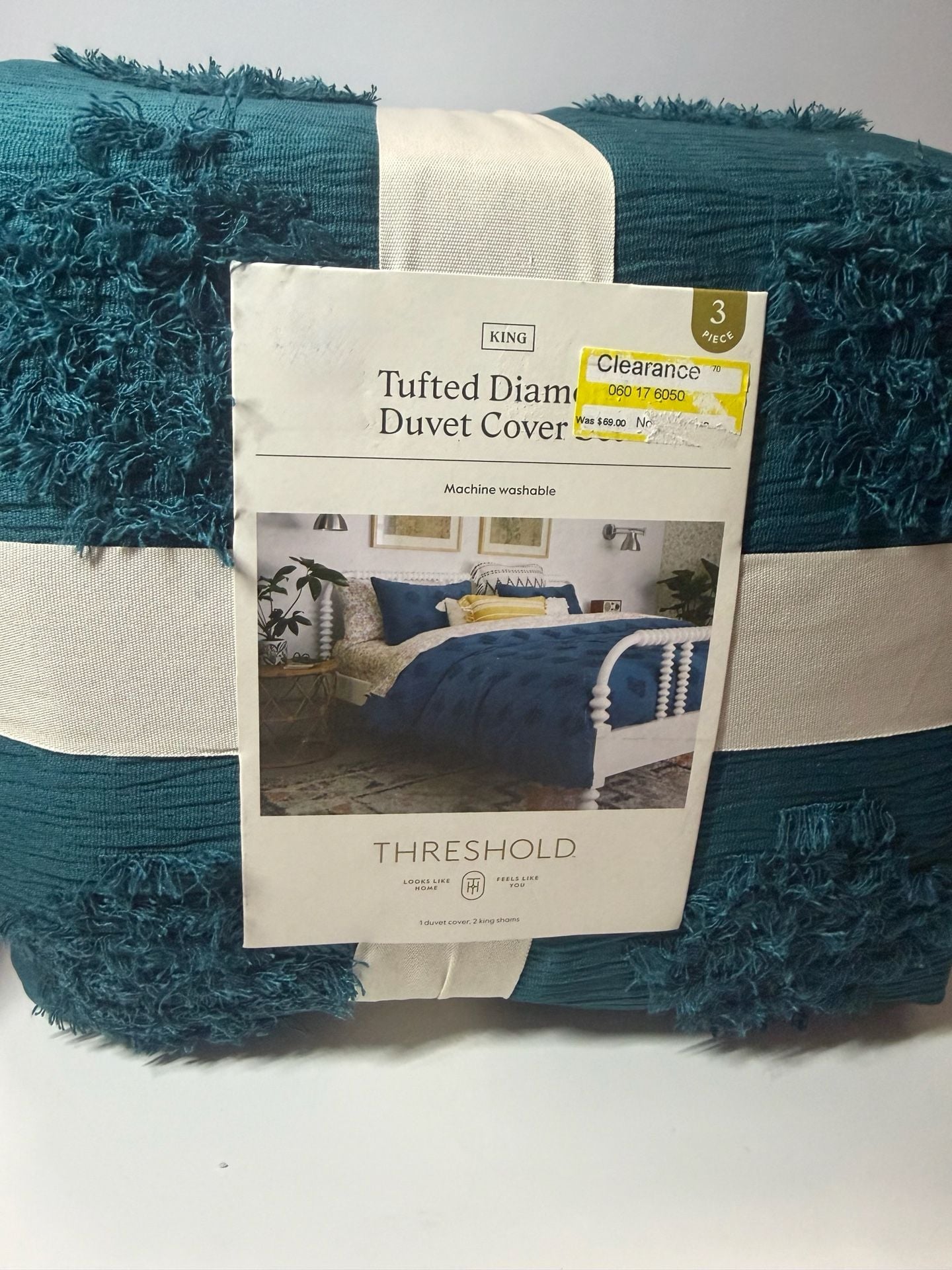 NEW 3/pc Threshold KING Tufted Diamond Duvet Cover & Sham Set - Dark Teal 2