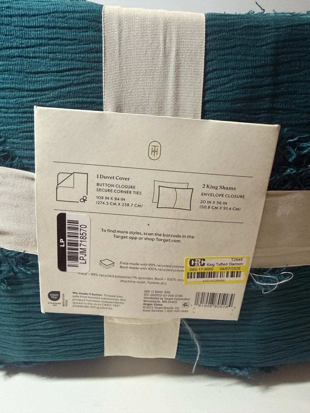 NEW 3/pc Threshold KING Tufted Diamond Duvet Cover & Sham Set - Dark Teal 3