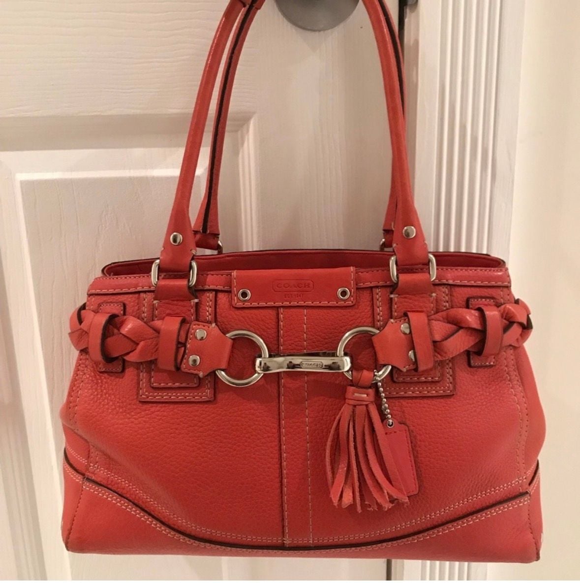 Coach Hamptons Coral Red Pebbled Leather Braided Shoulder Bag Handbag 2
