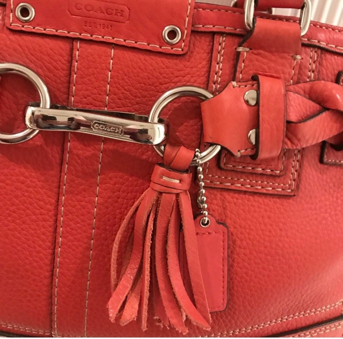 Coach Hamptons Coral Red Pebbled Leather Braided Shoulder Bag Handbag 3