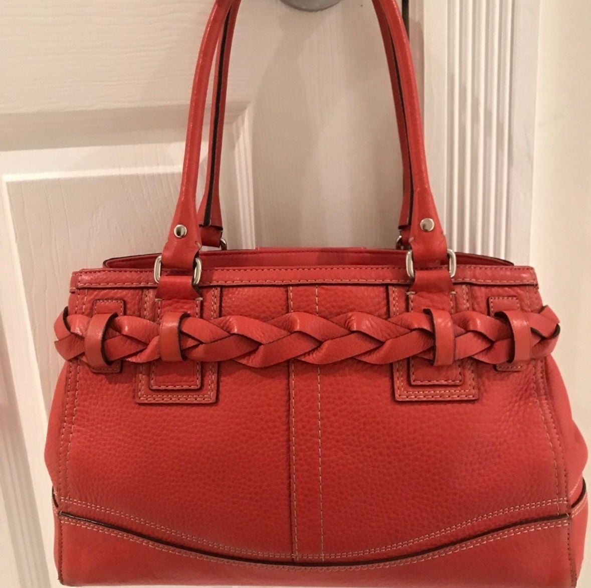Coach Hamptons Coral Red Pebbled Leather Braided Shoulder Bag Handbag 4