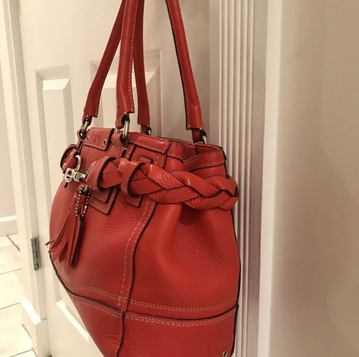 Coach Hamptons Coral Red Pebbled Leather Braided Shoulder Bag Handbag 5