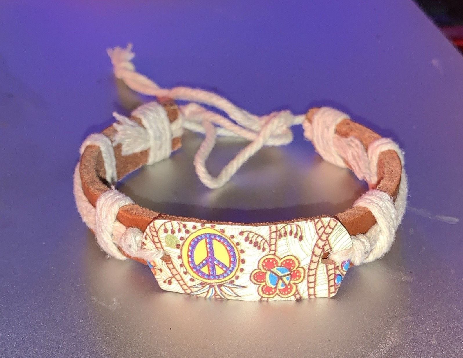 Brown Leather &White Cord Wrap Tie Bracelet, Adjustable Peace Theme #flowerpower 2