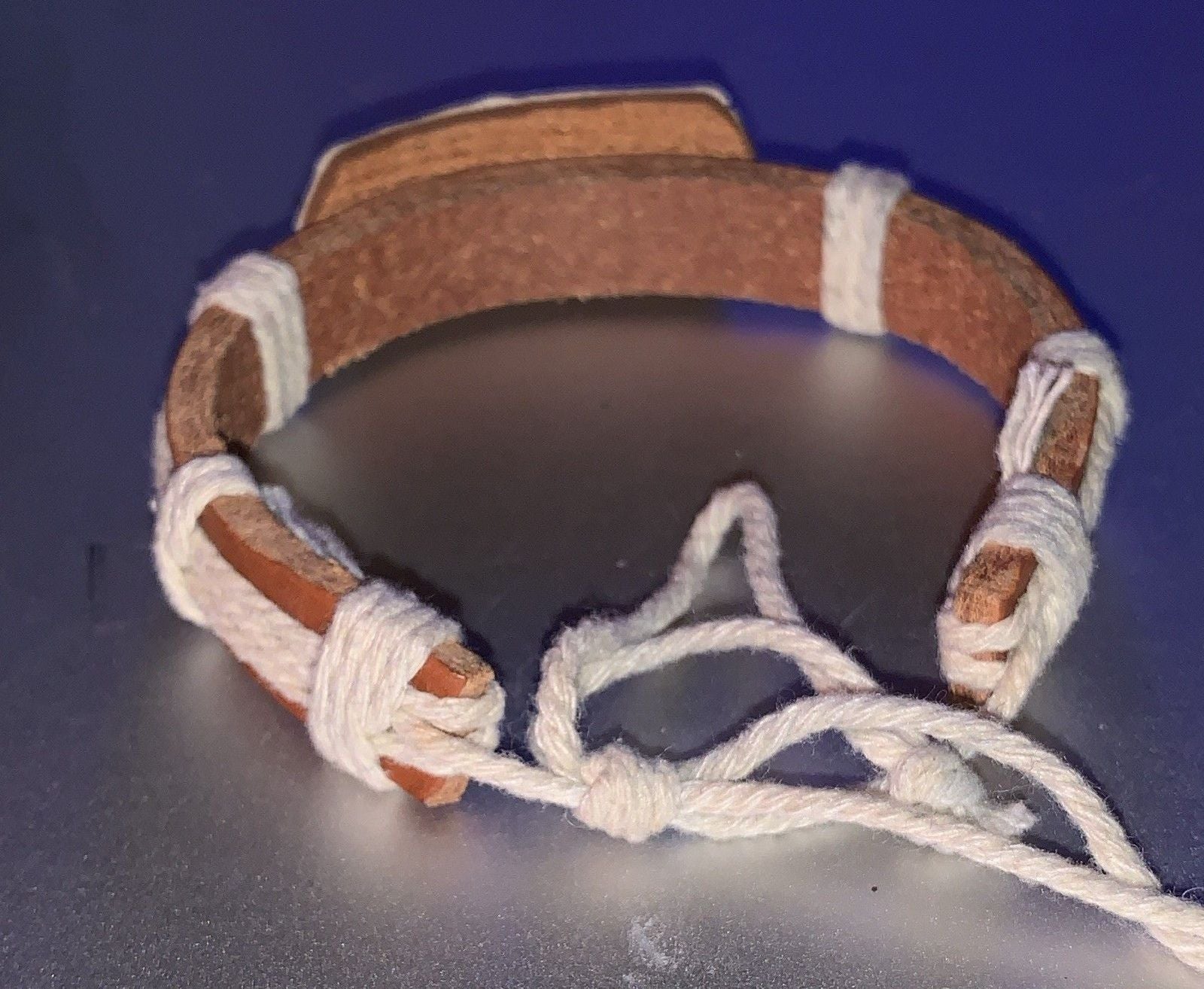 Brown Leather &White Cord Wrap Tie Bracelet, Adjustable Peace Theme #flowerpower 3
