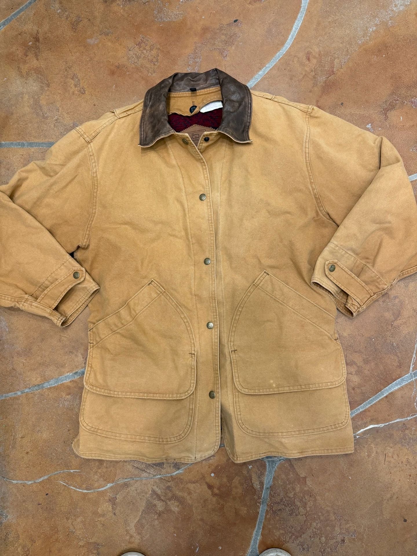 Vintage Woolrich Canvas Field Jacket Brown Leather Collar Blanket Lined -M 2