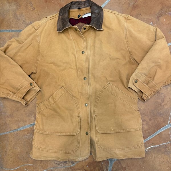 Vintage Woolrich Canvas Field Jacket Brown Leather Collar Blanket Lined -M