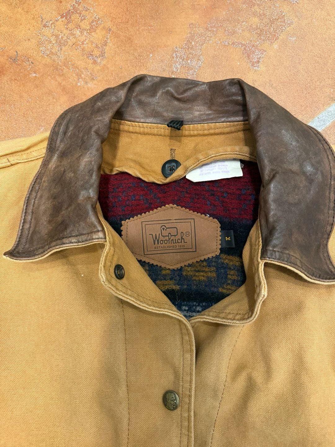 Vintage Woolrich Canvas Field Jacket Brown Leather Collar Blanket Lined -M 3