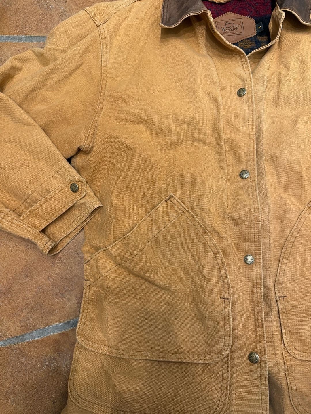 Vintage Woolrich Canvas Field Jacket Brown Leather Collar Blanket Lined -M 4