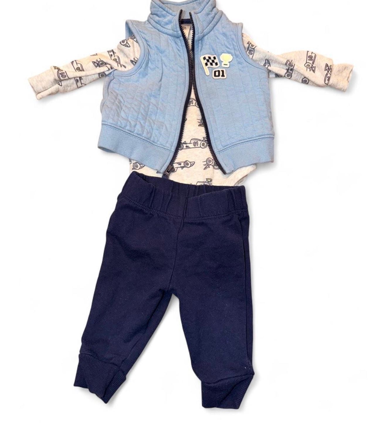 Carter's 3-Piece Outfit Set Vest Bodysuit Pants Blue Racing Boy 1