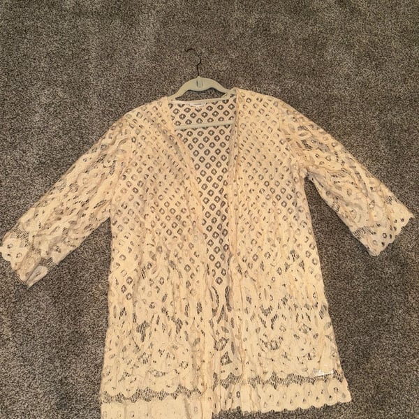 Custom tea stained! Maurices Lace Kimono Cardigan Size XL  Open Front Crochet Shrug