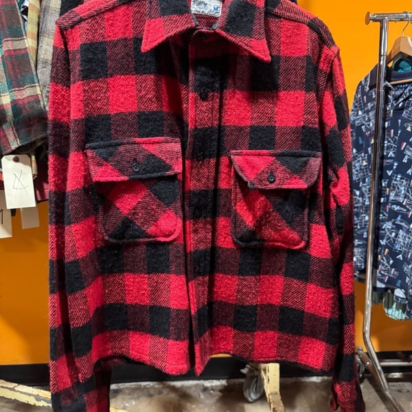 Vintage 70s JC Penney TownCraft Wool Flannel Shirt Red Black Buffalo Size Medium
