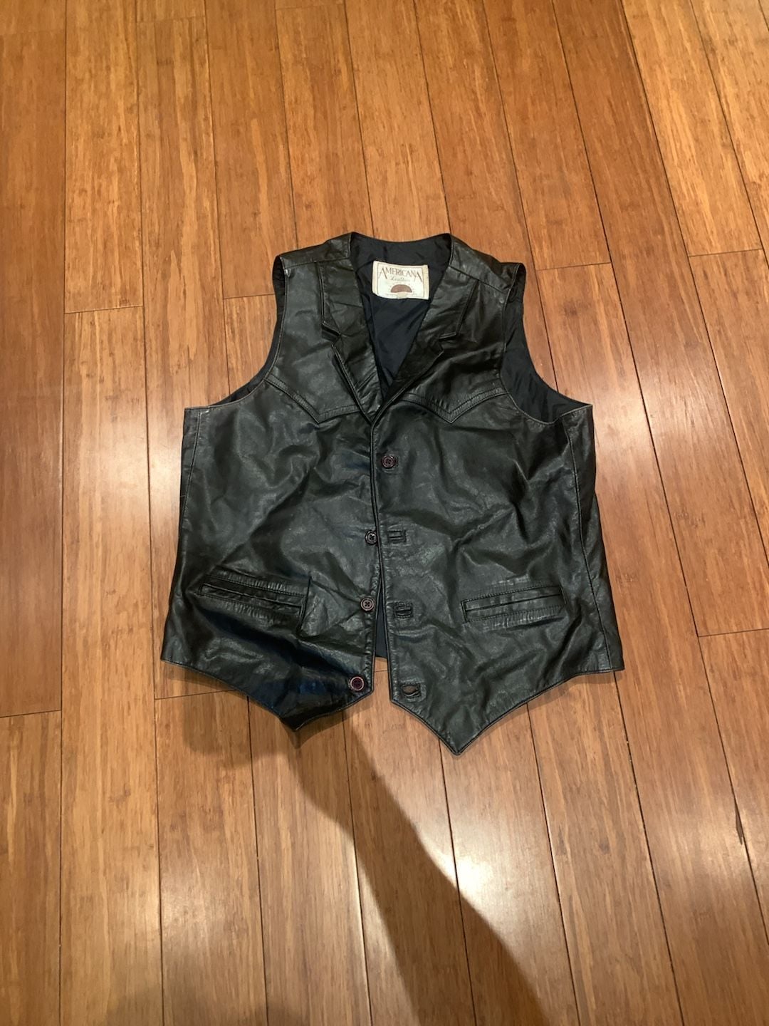 Americana Leather Vest Size M Black Leather Western Button 2