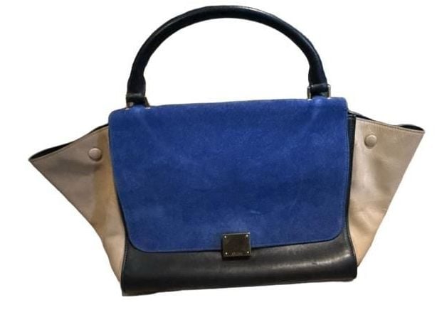 FLAWED - Celine Medium Tricolor Trapeze Bag Blue Black Beige Suede Leather 2