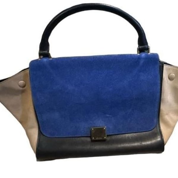 FLAWED - Celine Medium Tricolor Trapeze Bag Blue Black Beige Suede Leather