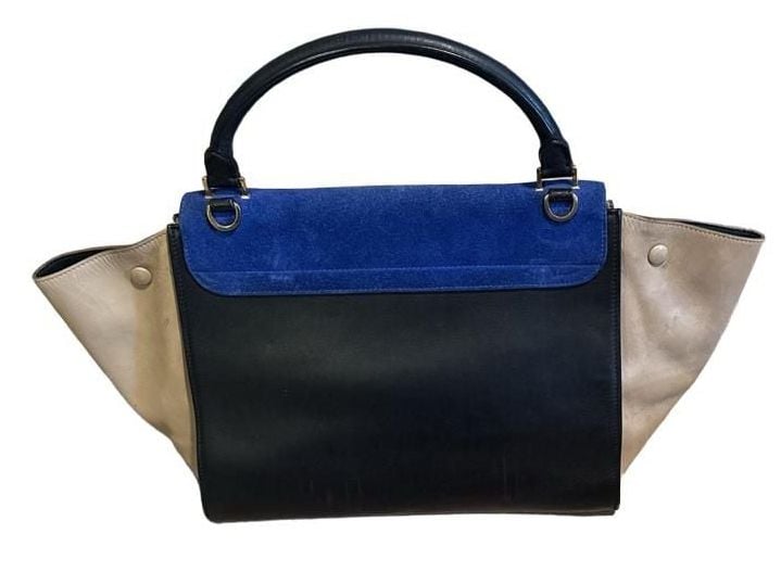 FLAWED - Celine Medium Tricolor Trapeze Bag Blue Black Beige Suede Leather 4