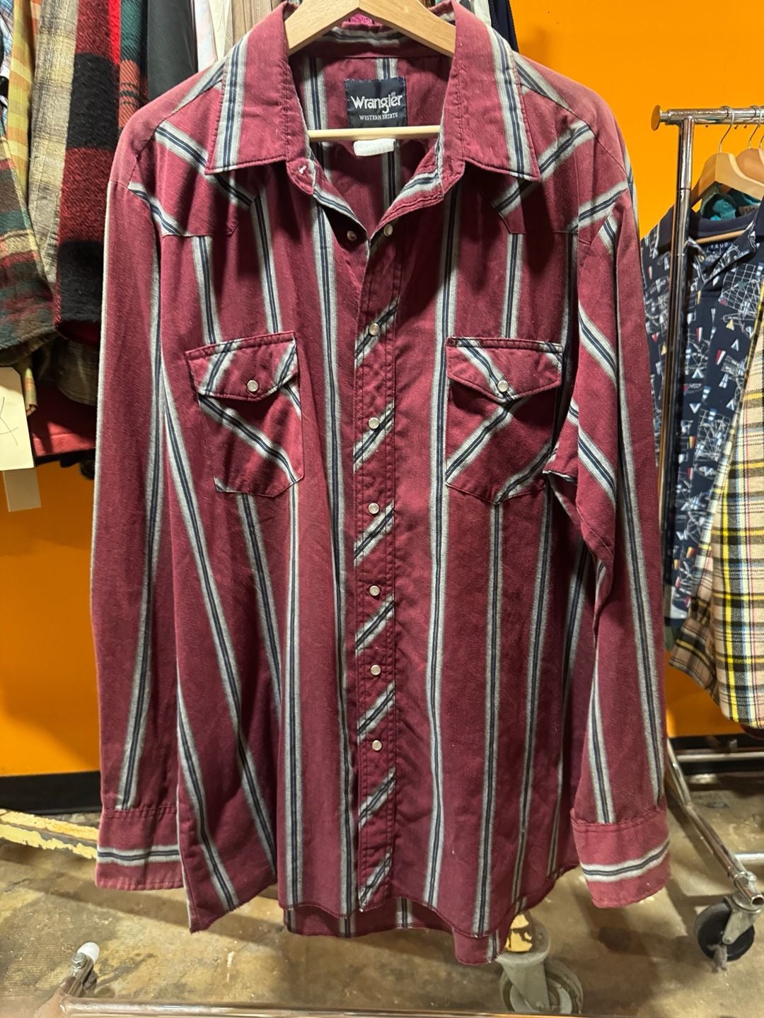 Vintage 90s Wrangler Western Shirt Burgundy Striped Pearl Snap Size XL TALL 2