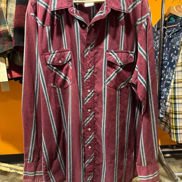 Vintage 90s Wrangler Western Shirt Burgundy Striped Pearl Snap Size XL TALL