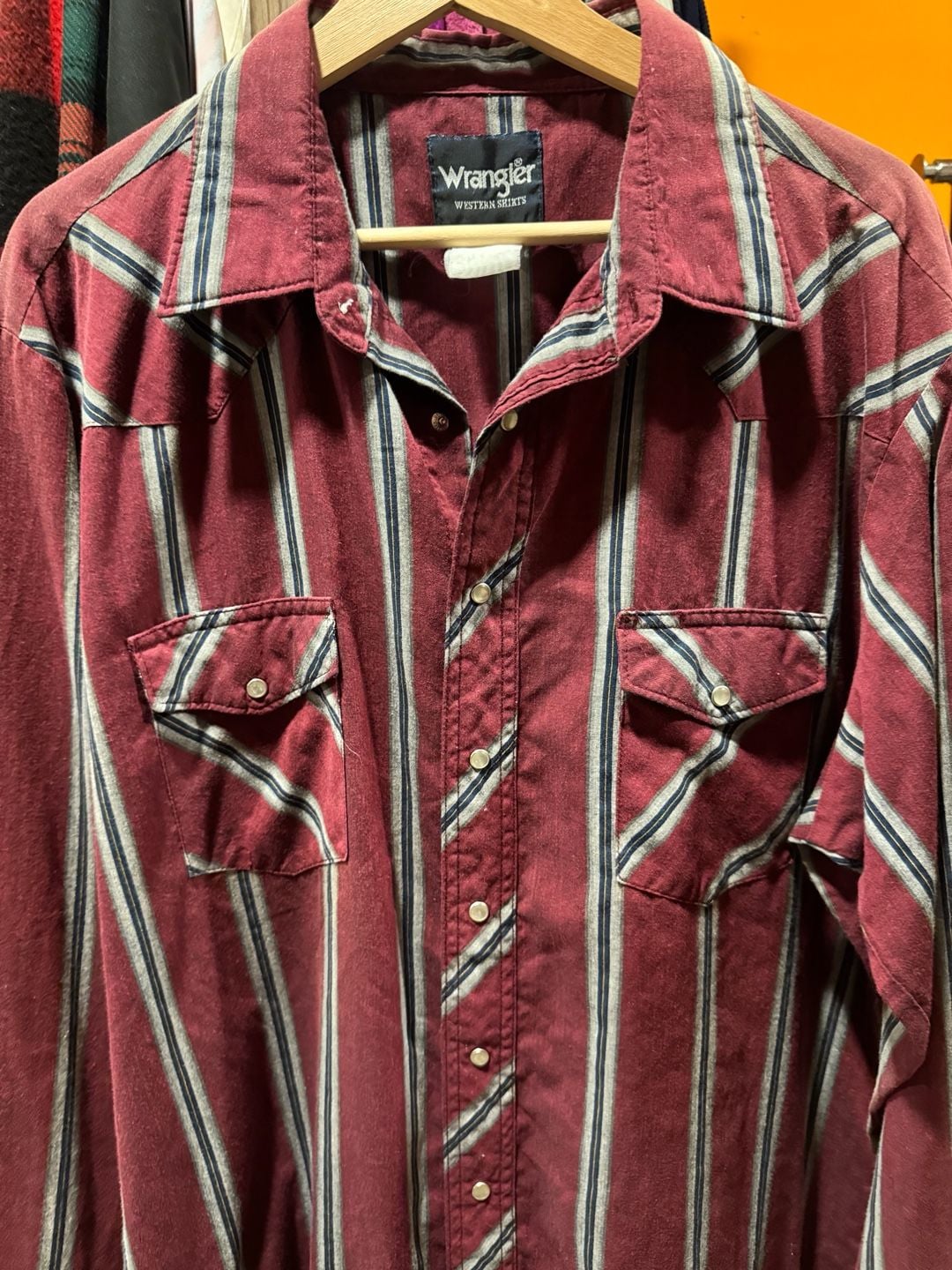 Vintage 90s Wrangler Western Shirt Burgundy Striped Pearl Snap Size XL TALL 3